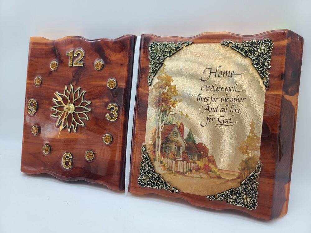 Vintage Lacquered Wood Religious Wall Clock Holographic "Home" Bible Shape